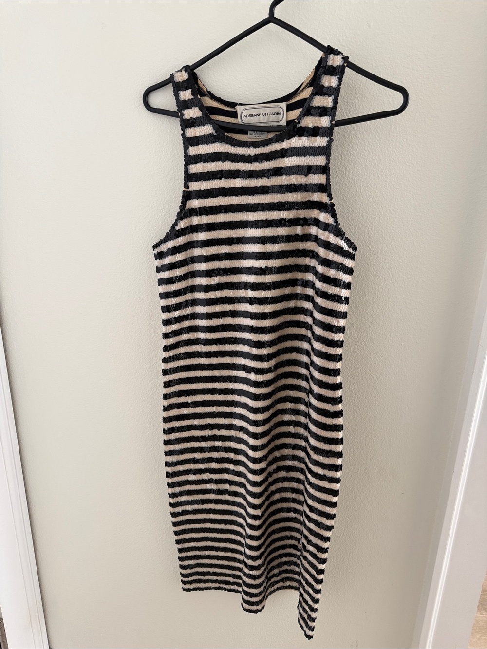 Adrienne Vittadini Black and Cream Striped Knit Midi Dress